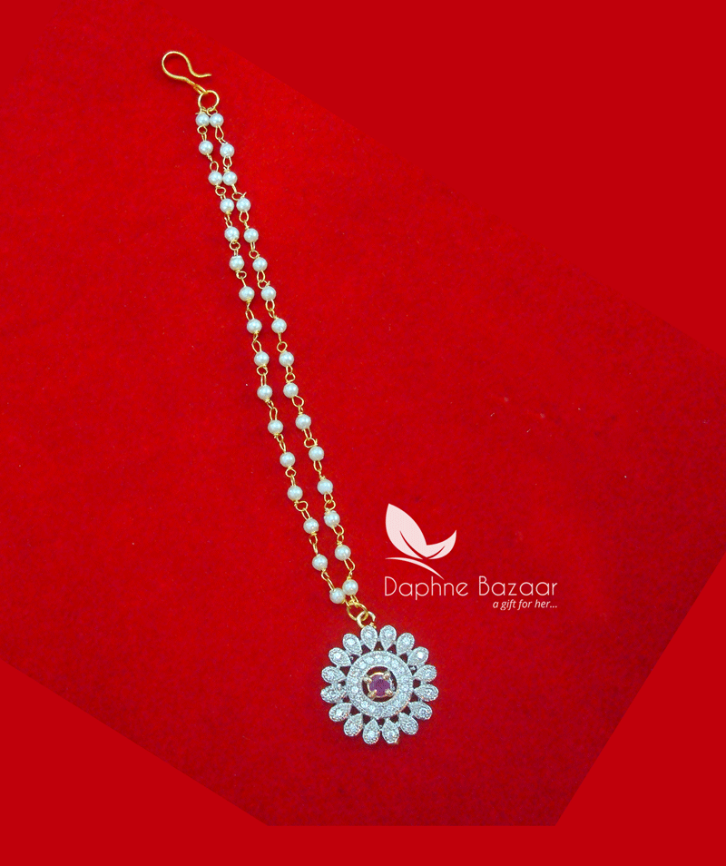 MAG50, Daphne Pink Zircon Carving Maang Tikka with Pearls for Women (full view)