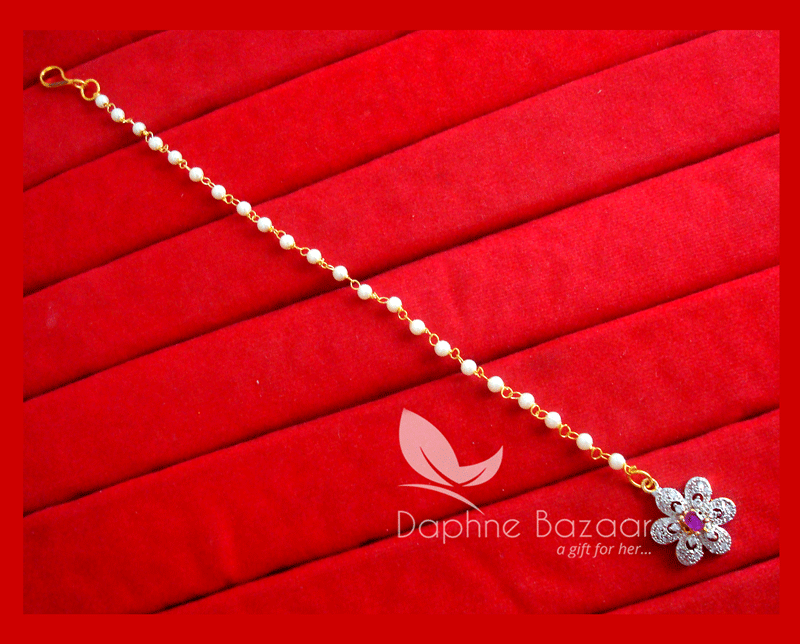 MAG64, Daphne Pink Zircon Carving Maang Tikka with Pearls for Women-full view