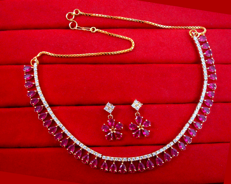 KN27 Stylish Zircon Pink Stone Studded Necklace For Women Valentine Special