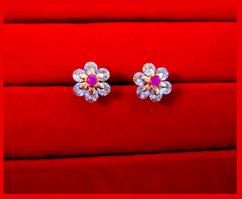 ZR38 Daphne Pink Flower Zircon Studded Earrings For Women close up