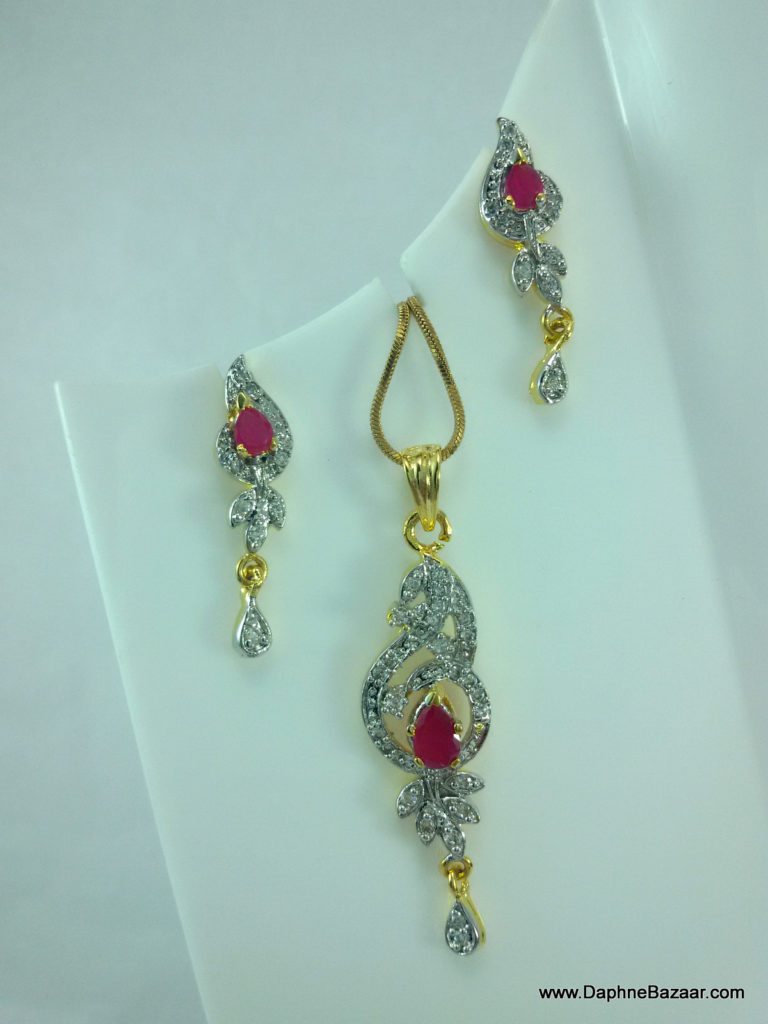 AD Ruby Flower Earrings and Pendant