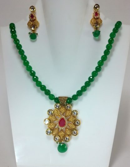 Green Kundan AD Set Earrings With Onyx Strings