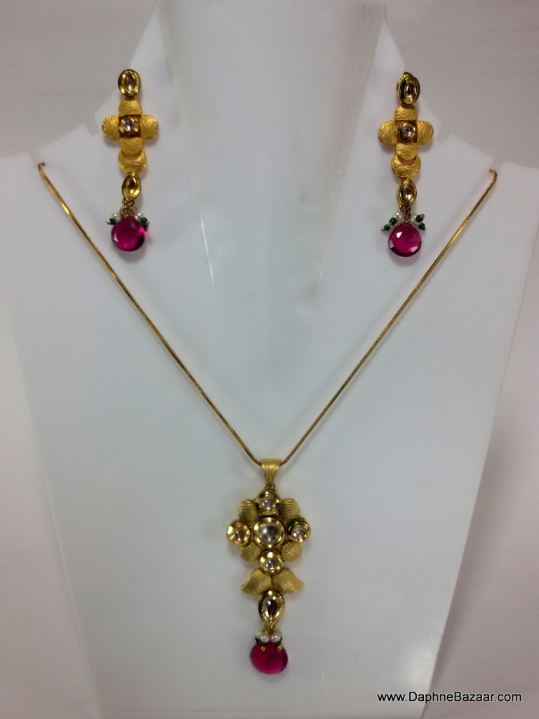 Kundan Pendant and Earrings with Pink shade stones