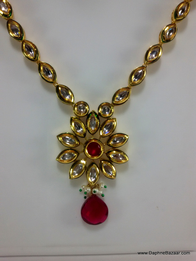 Traditional Kundan Necklace Set with Ruby Shade Stone Band Close up