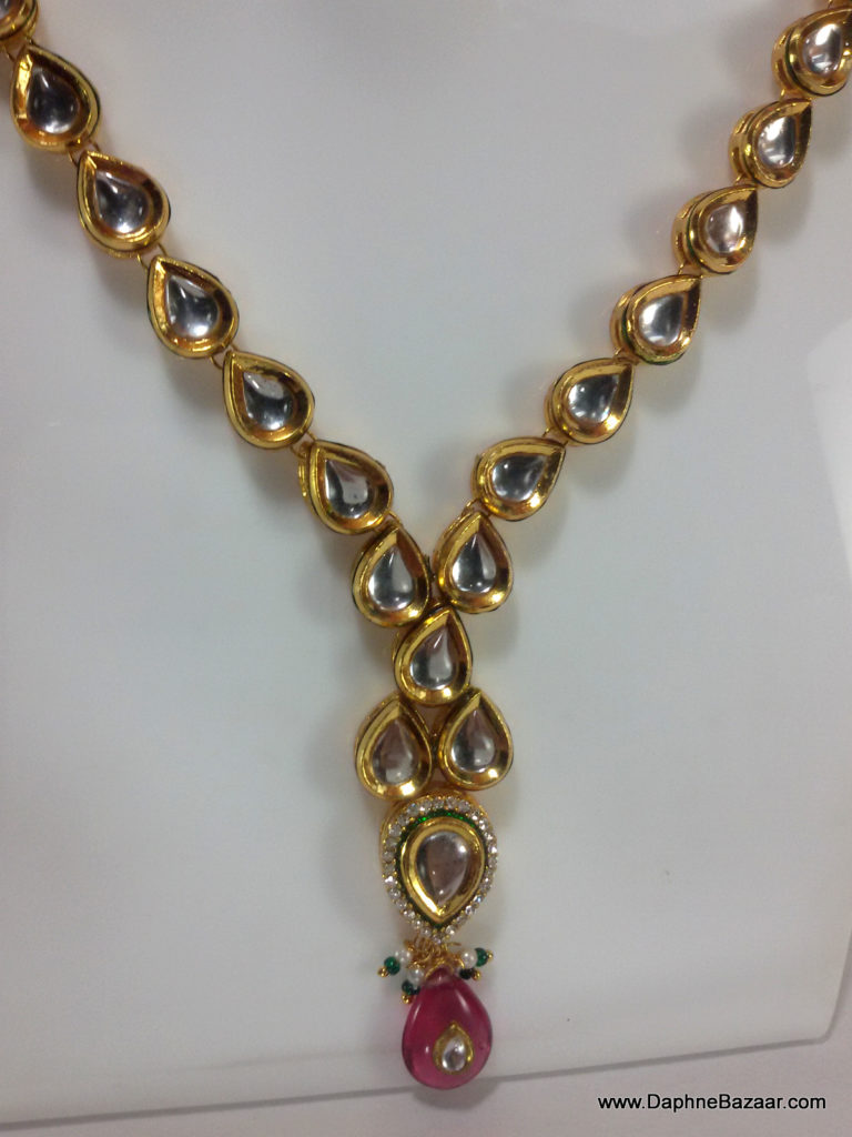 Traditional Kundan Necklace Set with Pink Shade Stones Band Close up