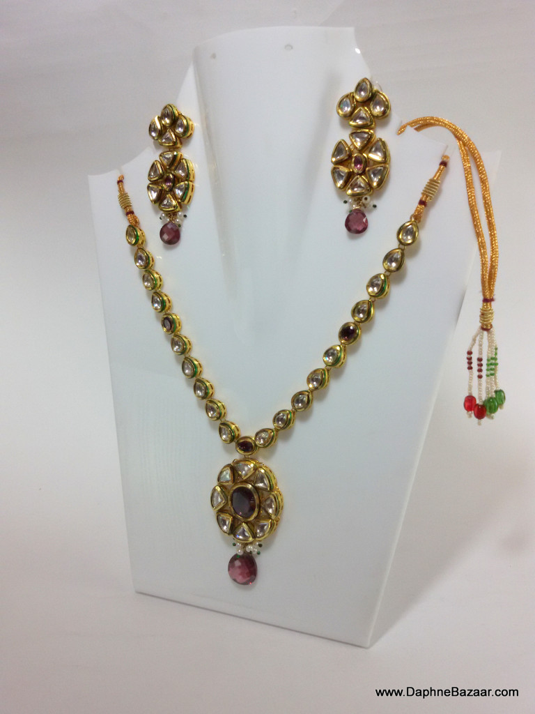 Traditional Kundan Necklace Set with Violet Shade Stones Side Look