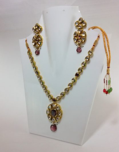 Traditional Kundan Necklace Set with Violet Shade Stones Side Look