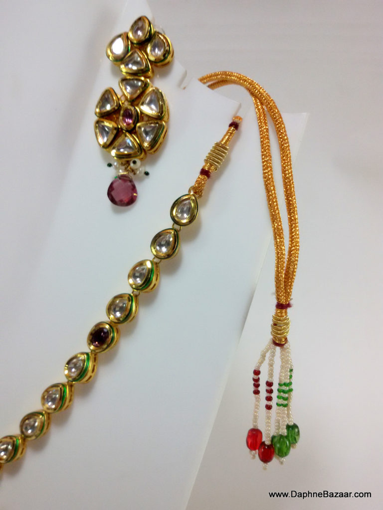 Traditional Kundan Necklace Set with violet Shade Stones Earrings and Dori
