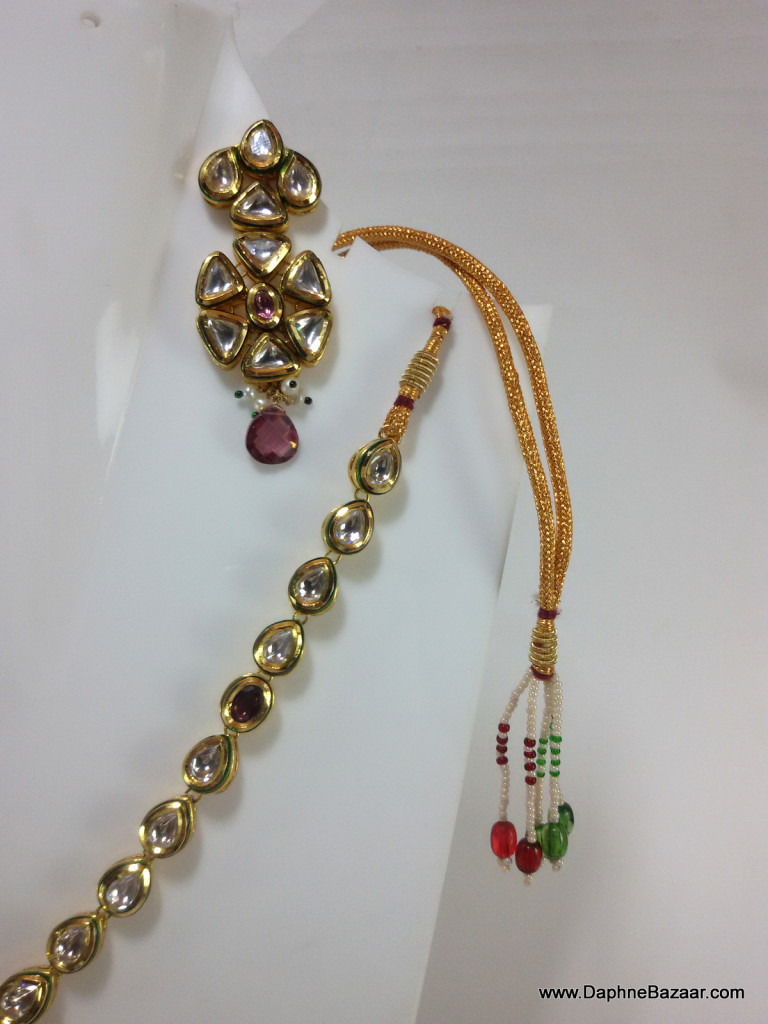 Traditional Kundan Necklace Set with violet Shade Stones Earrings and Dori