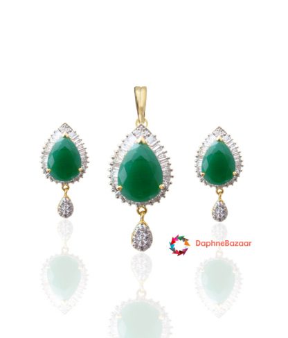 American Diamond Pendant and Earrings Emerald look