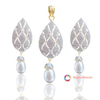 American Diamond Pendant and Earrings with Pearl Droplet