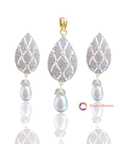 American Diamond Pendant and Earrings with Pearl Droplet
