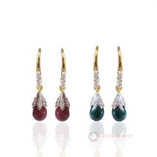 Two Pairs of American Diamond Drop Dangle - Green and Ruby Shade