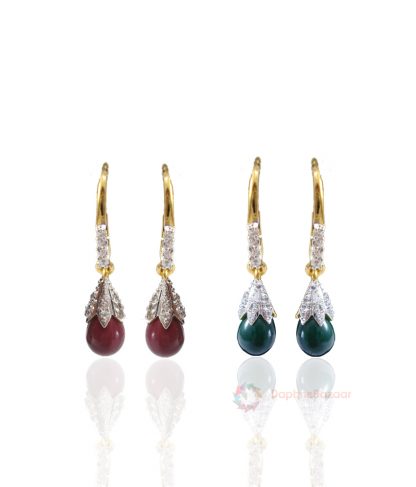 Two Pairs of American Diamond Drop Dangle - Green and Ruby Shade