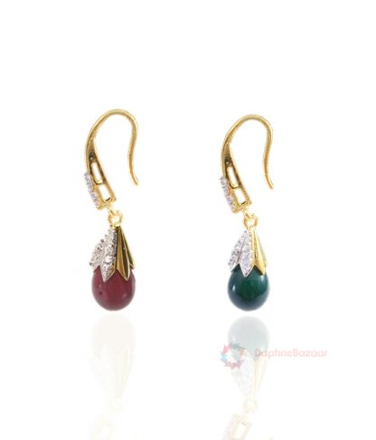 Two Pairs of American Diamond Drop Dangle - Green and Ruby Shade Side Look