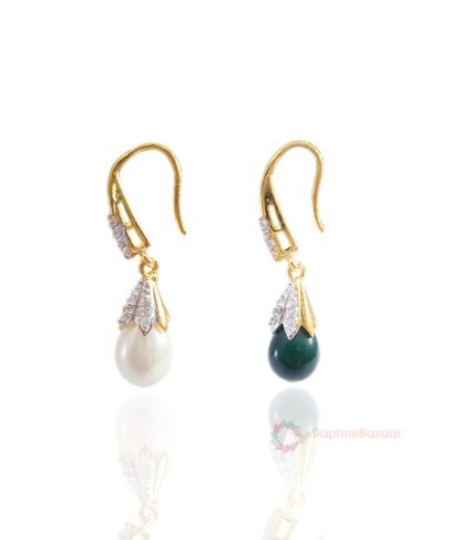 Two Pairs of American Diamond Drop Dangle - Pearl and Green Shade Side Look