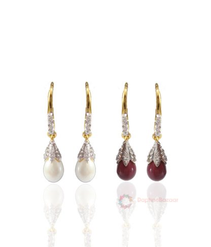 Two Pairs of American Diamond Pearl and Ruby Shade Drop Dangle