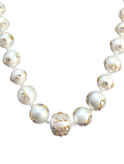 Daphne White Shell Pearl Kantha Necklace for Women Close Up