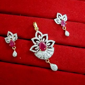 Daphne Sparkling flower leaves pendant earrings with ruby studded stones for women