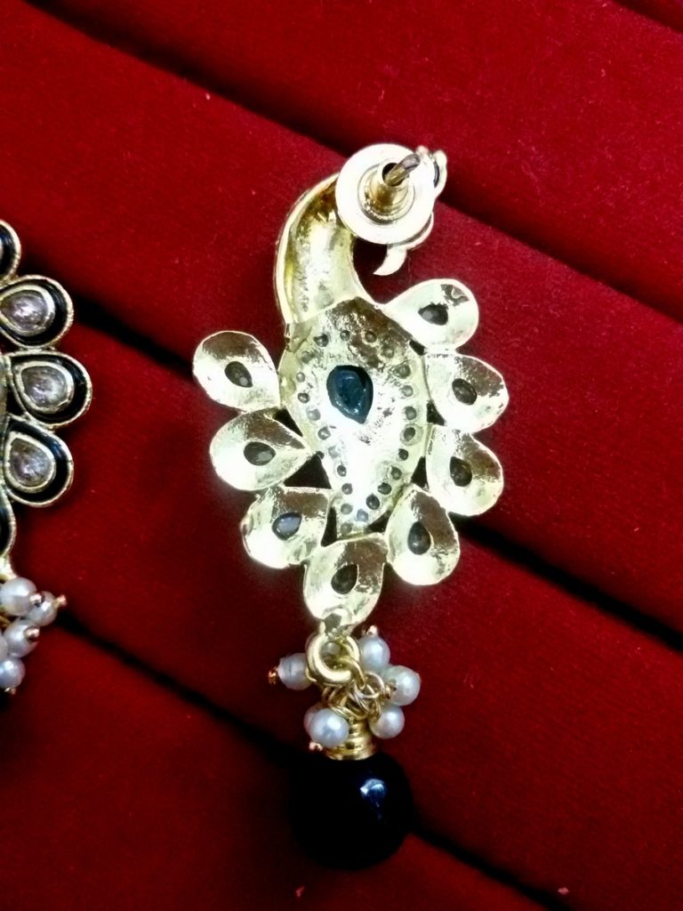 Back Side Daphne Kundan Mena Peacock Pearl Earrings, Bollywood Style Unique