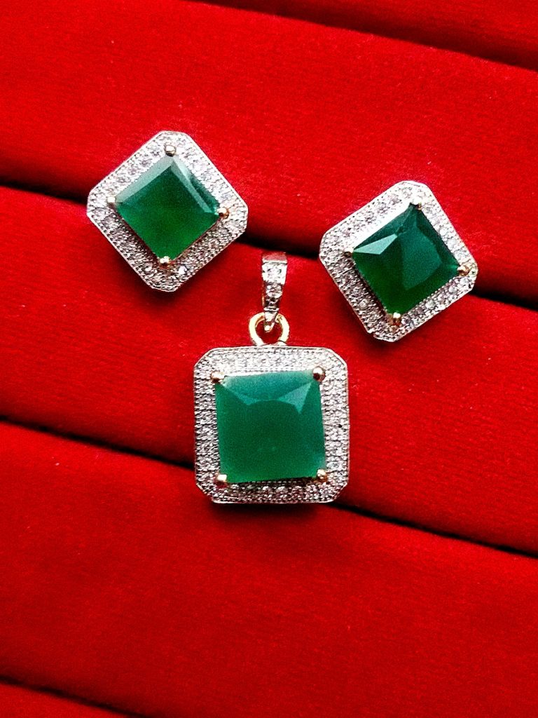 Daphne Emerald Square Shape AD Set Pendant and Earrings for Gift for wife