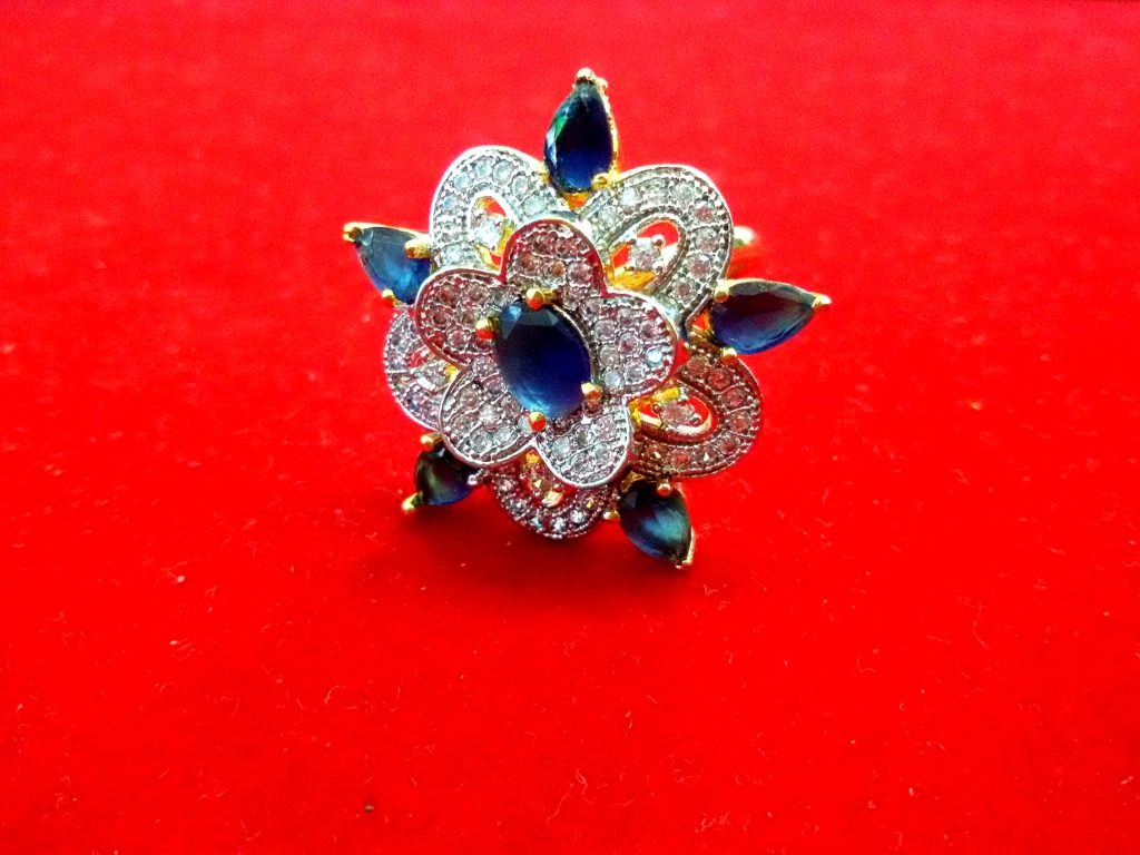 Daphne Gold Plated Unique Ring With American Diamond And Blue Color Stone Side Look