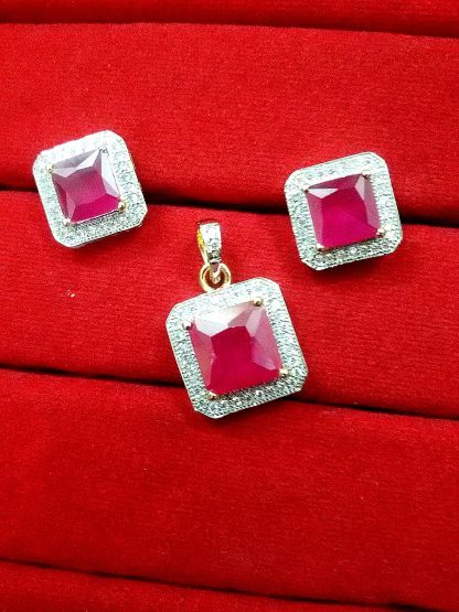 Daphne Ruby Square Shape AD Pendant and Earrings