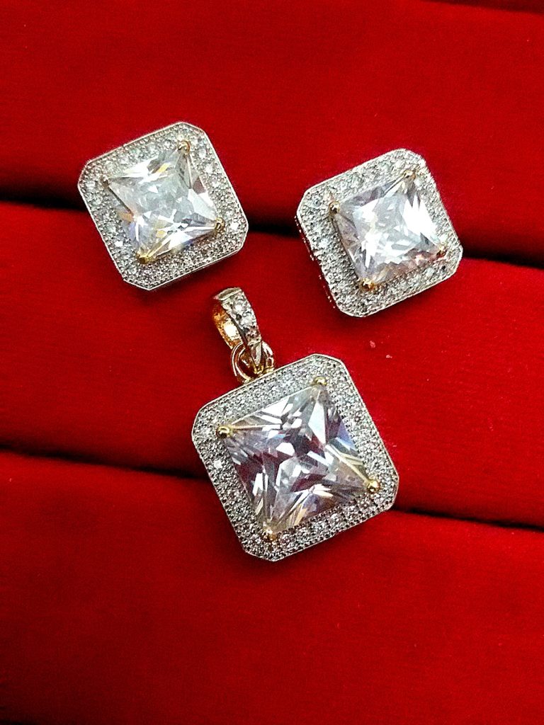 Daphne Square Shape AD Set Pendant and Earrings for Gift for wife