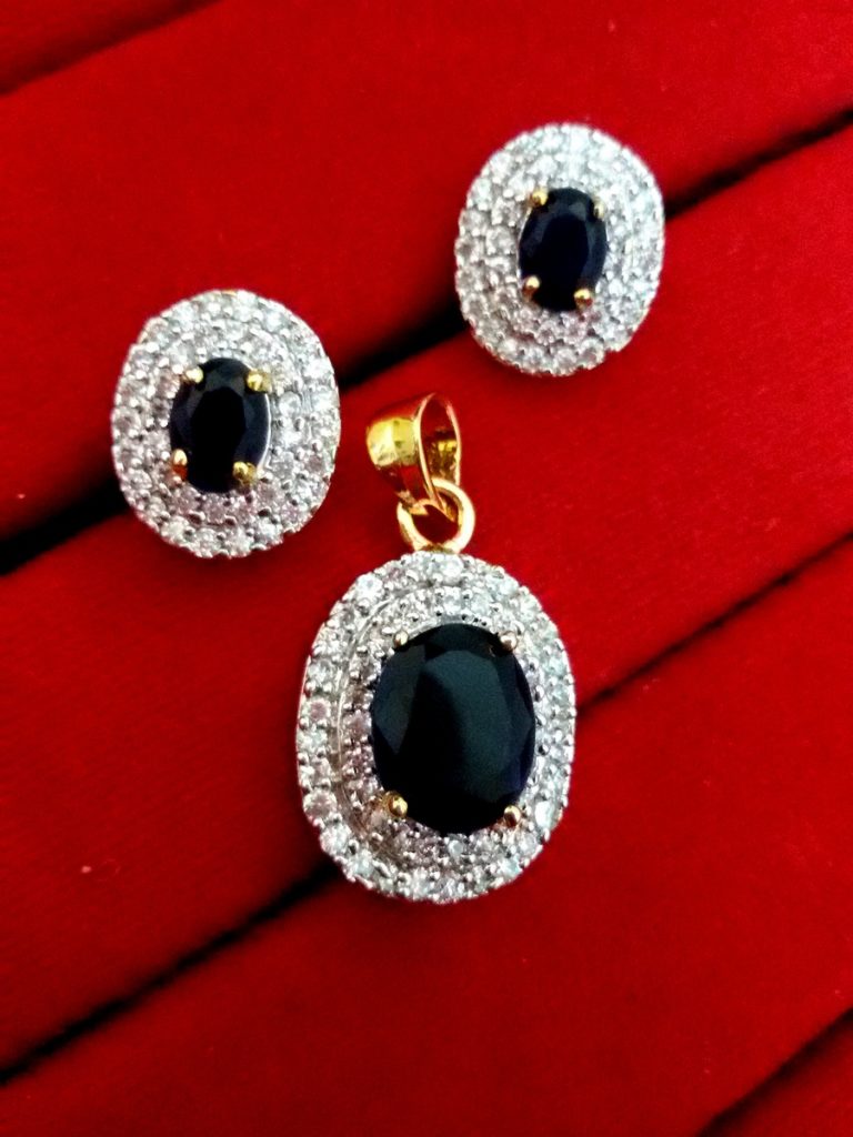 Beautiful Black AD Pendant and Earrings in Oval shape - Valentine Gift for Wife