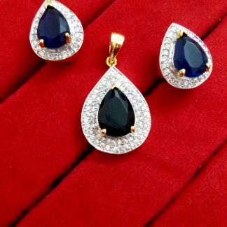 Daphne Blue Sapphire Studded American Diamond Pendant and Earrings for Valentine Gift