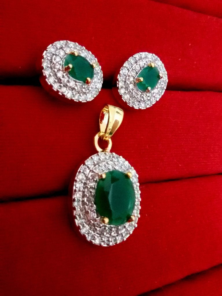 Daphne Emerald AD Oval Pendant and Earrings, Valentine Gift for Wife