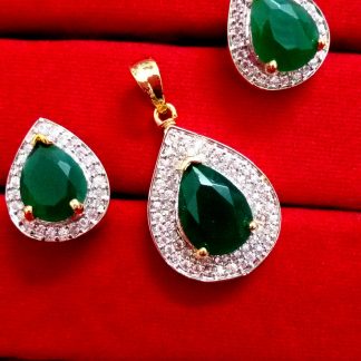 Daphne Emerald Studded American Diamond Pendant and Earrings for Valentine Gift