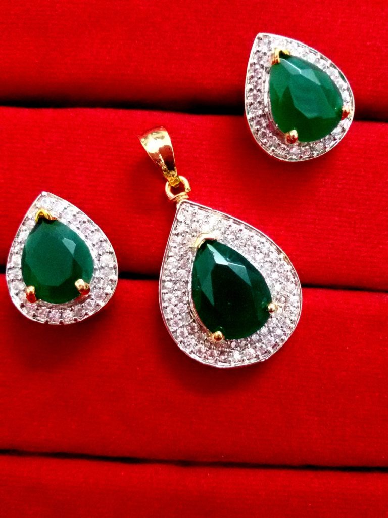Daphne Emerald Studded American Diamond Pendant and Earrings for Valentine Gift