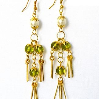Daphne Pearl and Green Beads Chandelier Earrings for Women, Light weighted