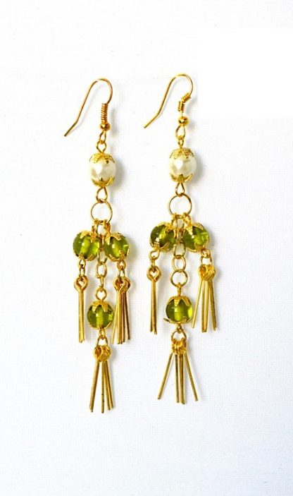 Daphne Pearl and Green Beads Chandelier Earrings for Women, Light weighted