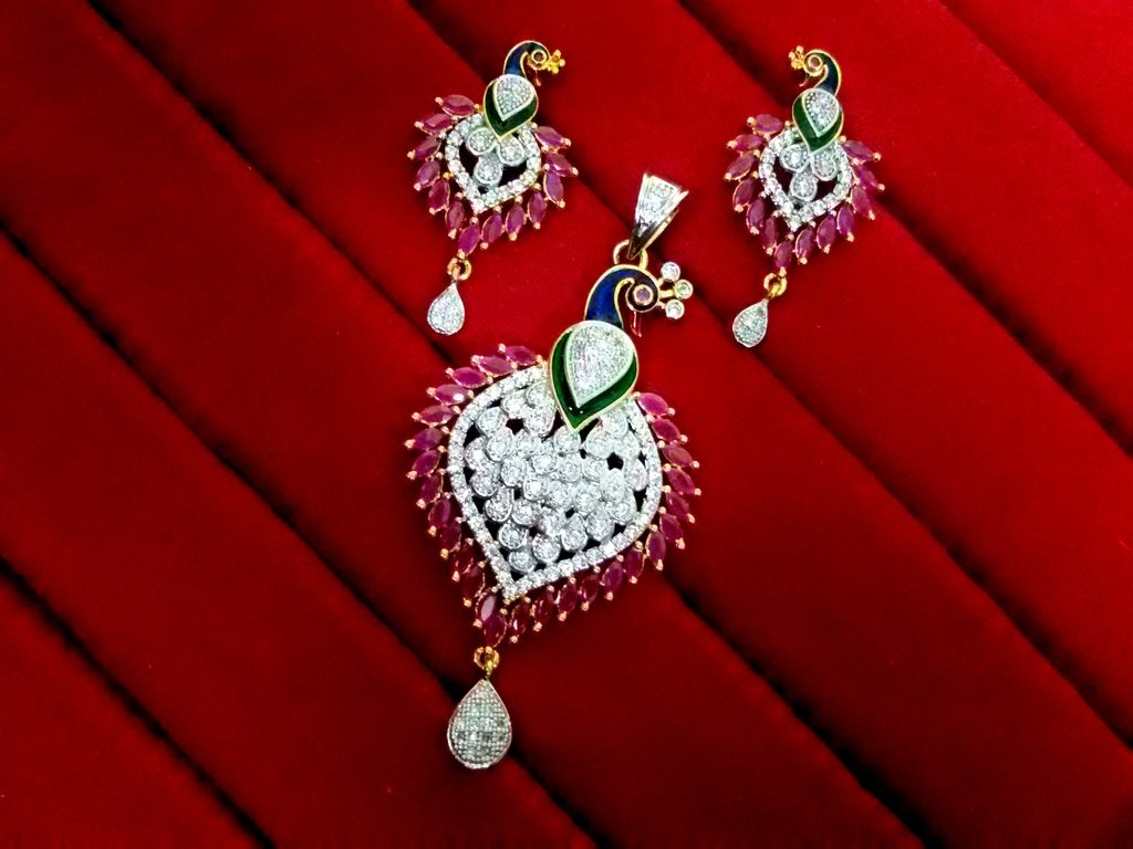 Daphne Ruby Peacock Meenakari AD Pendant and Earrings, Gift for Wife