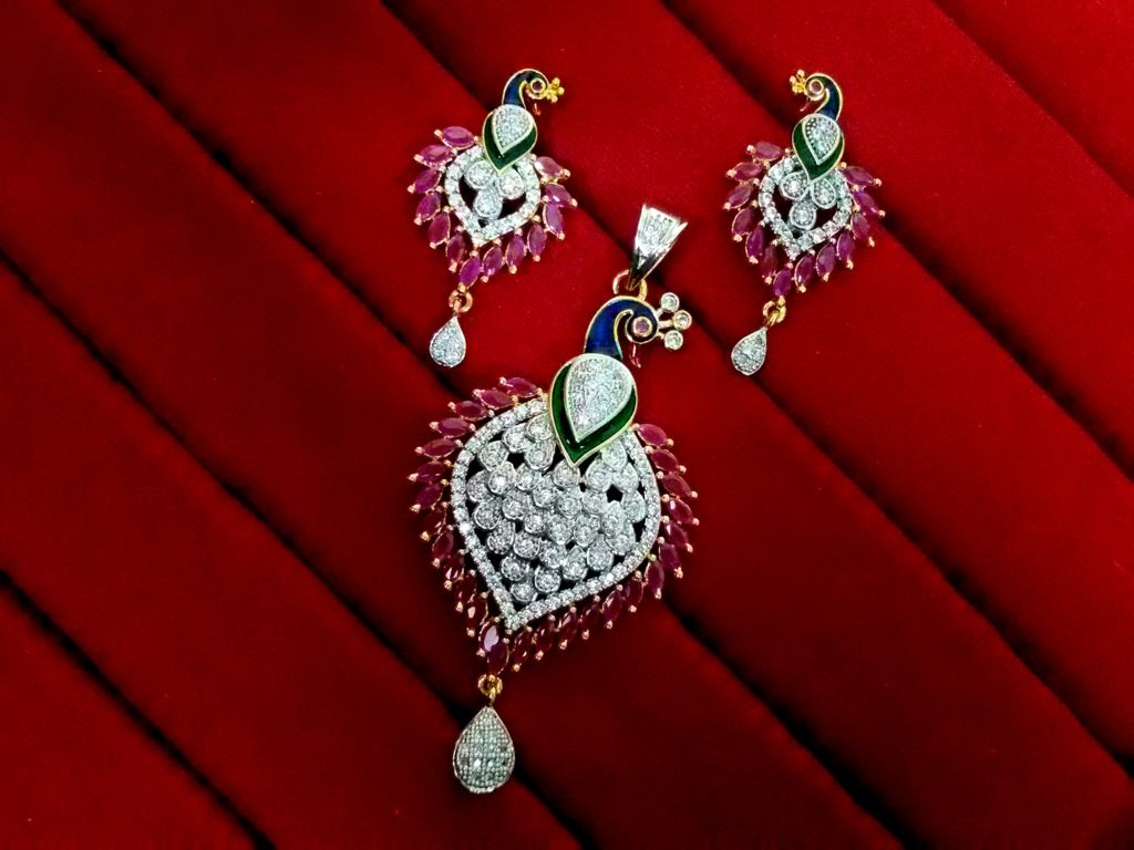 Daphne Ruby Peacock Meenakari AD Pendant and Earrings, Gift for Wife