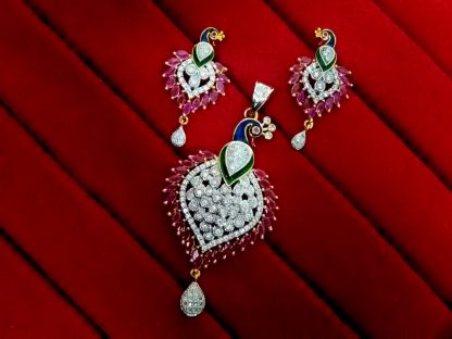 Daphne Ruby Peacock Meenakari AD Pendant and Earrings, Gift for Wife