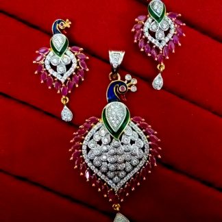 Daphne Ruby Peacock Meenakari AD Pendant and Earrings, Gift for Wife