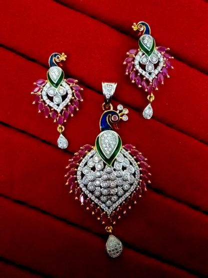 Daphne Ruby Peacock Meenakari AD Pendant and Earrings, Gift for Wife