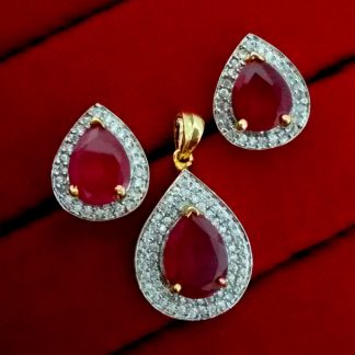 Daphne Ruby Studded American Diamond Pendant and Earrings for Valentine Gift