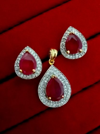 Daphne Ruby Studded American Diamond Pendant and Earrings for Valentine Gift