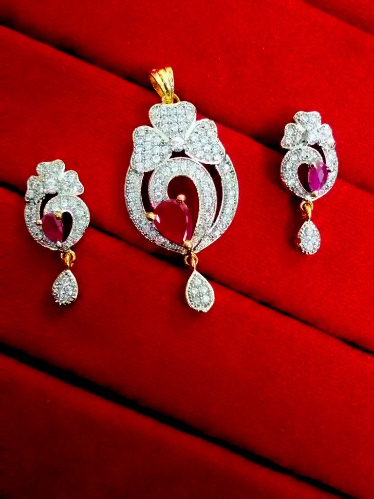 Daphne Ruby Studded Zircon Pendant and Earrings for Valentine Gift