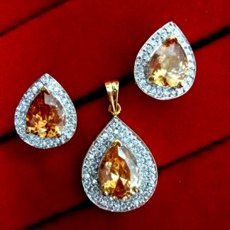 Daphne Studded Amber American Diamond Pendant and Earrings for Valentine Gift