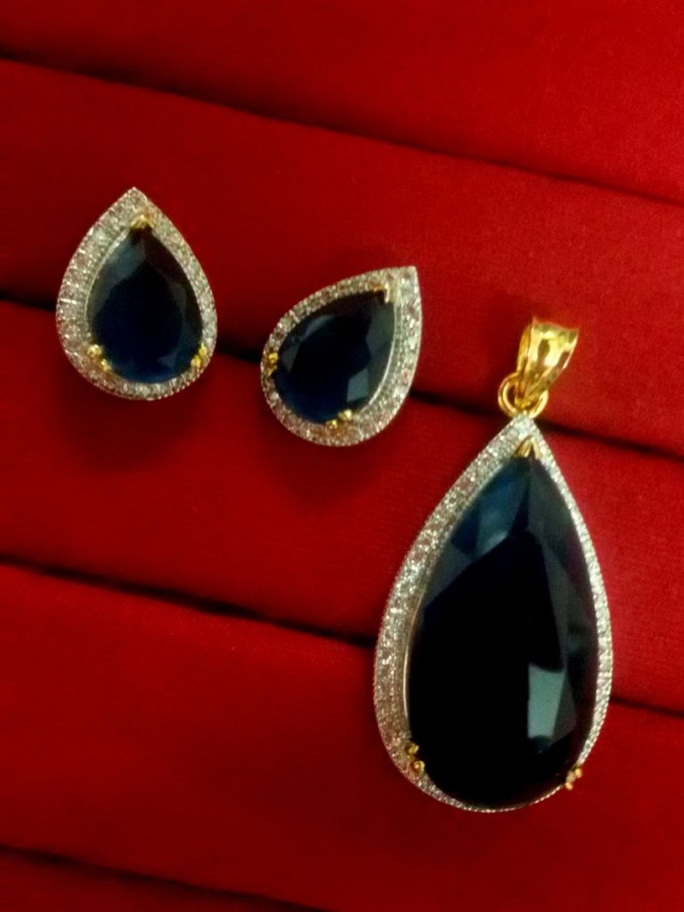 Daphne Blue Shade Studded Zircon Pendant and Earrings