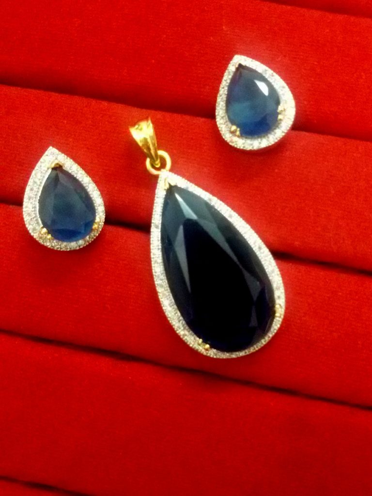Daphne Blue Shade Studded Zircon Pendant and Earrings for Anniversary Gift