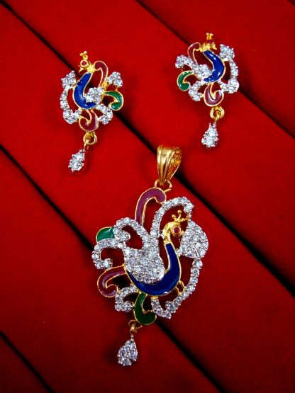 Daphne Gold Plated Peacock Design Pendant and Earrings for Women