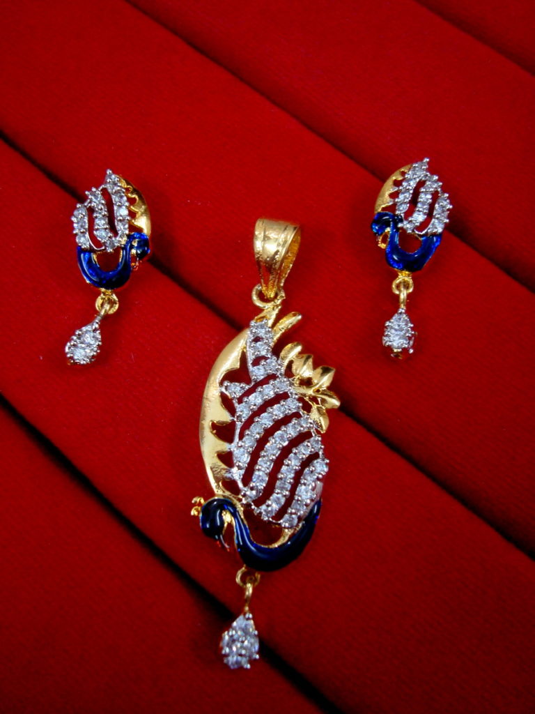 Daphne Gold Plated Peacock Meenakari Pendant and Earrings