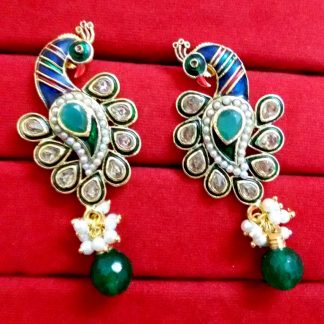 Daphne Kundan Mena Peacock Pearl Earrings, Bollywood Style - Green Drop
