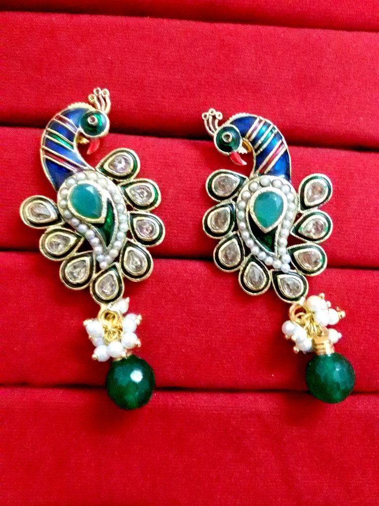 Daphne Kundan Mena Peacock Pearl Earrings, Bollywood Style - Green Drop